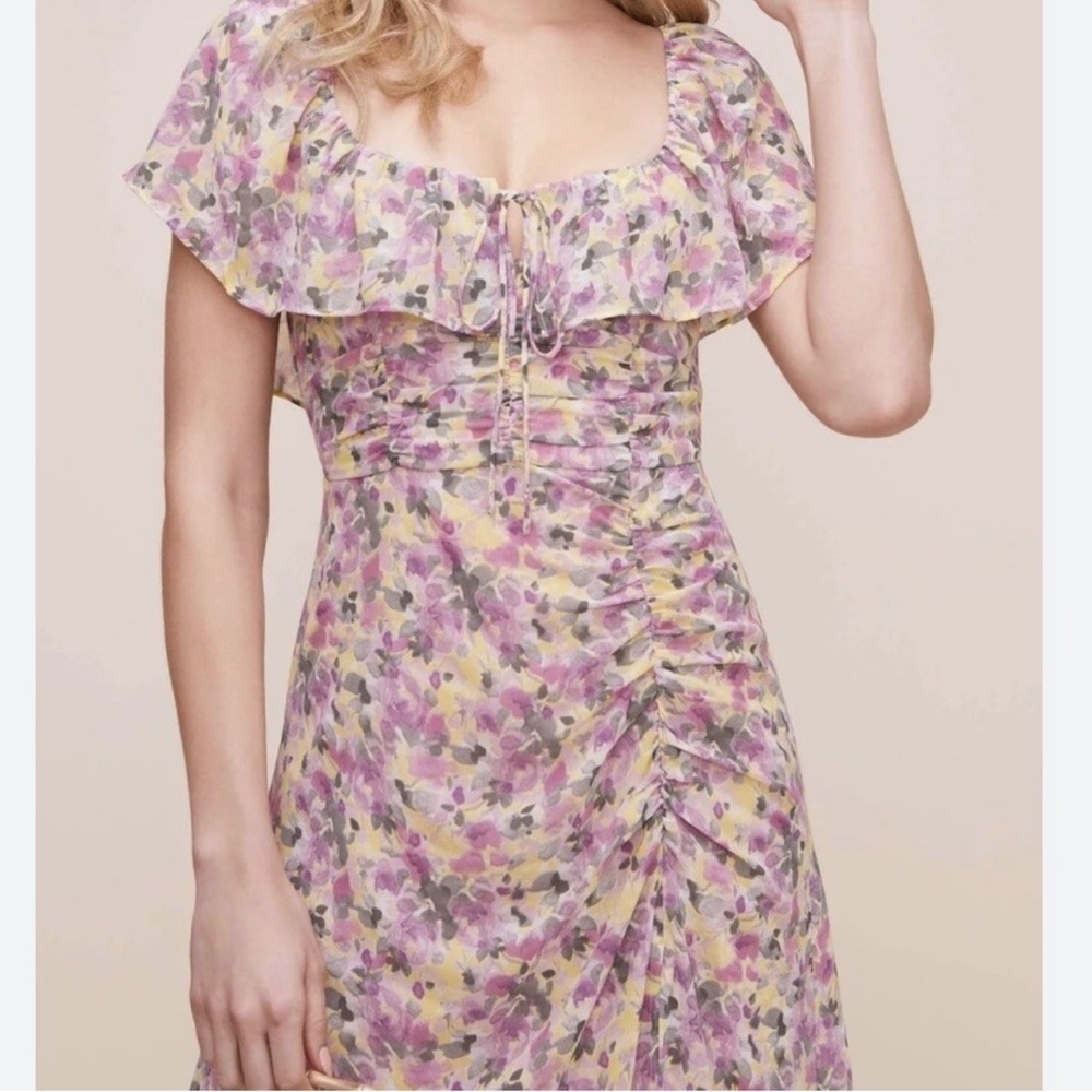 Astr Purple and Pink Ruched Ruffled Midi Dress